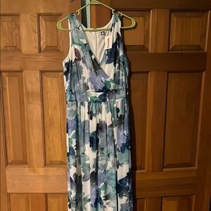 Anne Klein Blue Green Sleeveless V-neck Maxi Dress